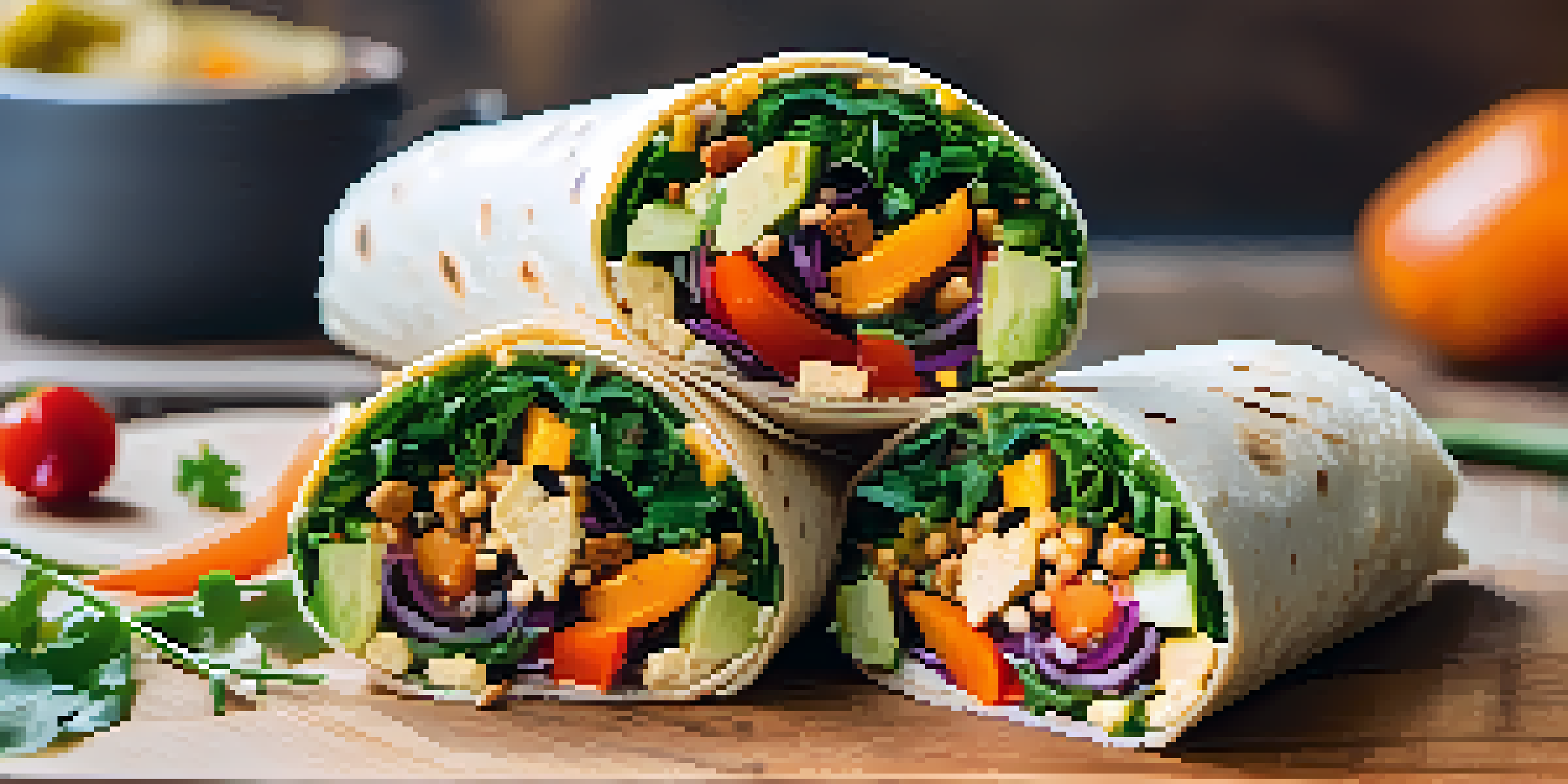 A colorful vegan wrap filled with roasted vegetables and greens alongside carrot sticks and a piece of fruit on a wooden table.