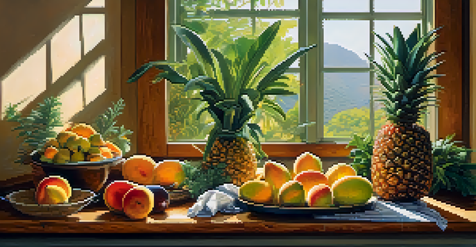 A colorful display of enzyme-rich fruits on a kitchen countertop, with sunlight illuminating the scene.