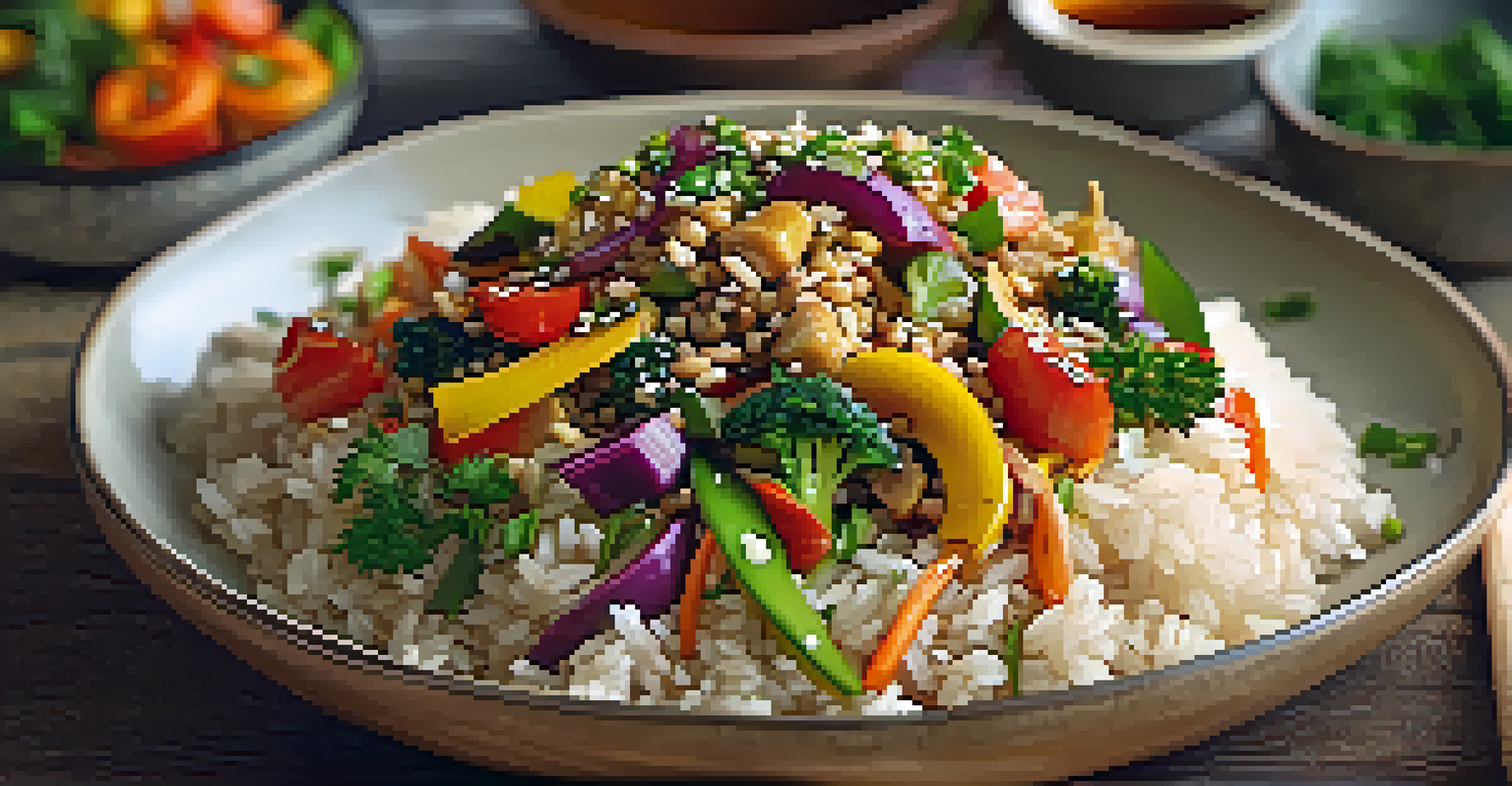 A plated vegan stir-fry over brown rice, garnished with herbs and sesame seeds on a dining table.