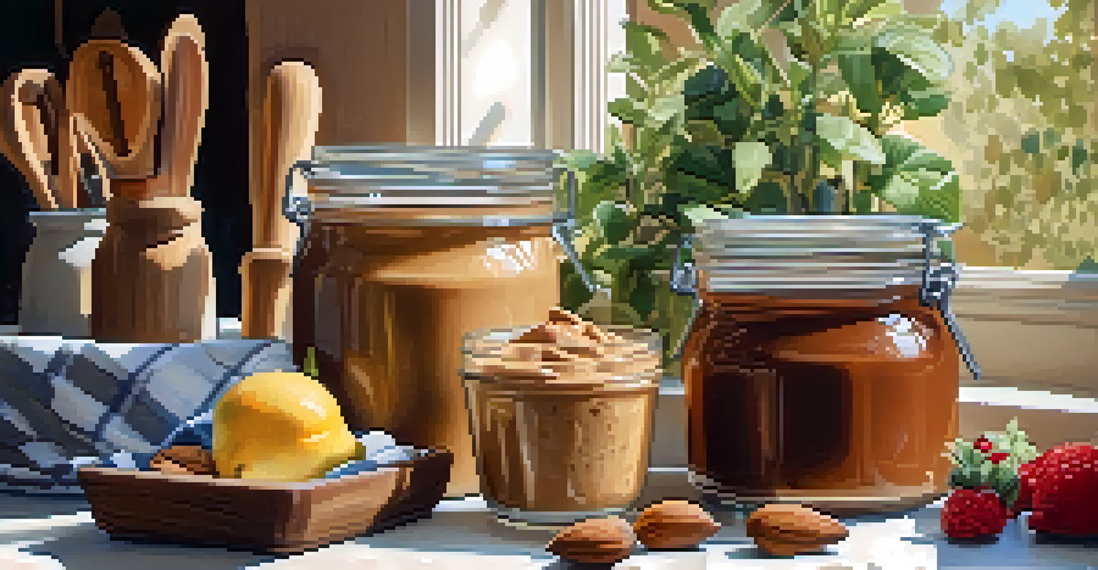 A jar of homemade nut butter on a kitchen counter, surrounded by fresh fruits and wooden utensils in a cozy setting.