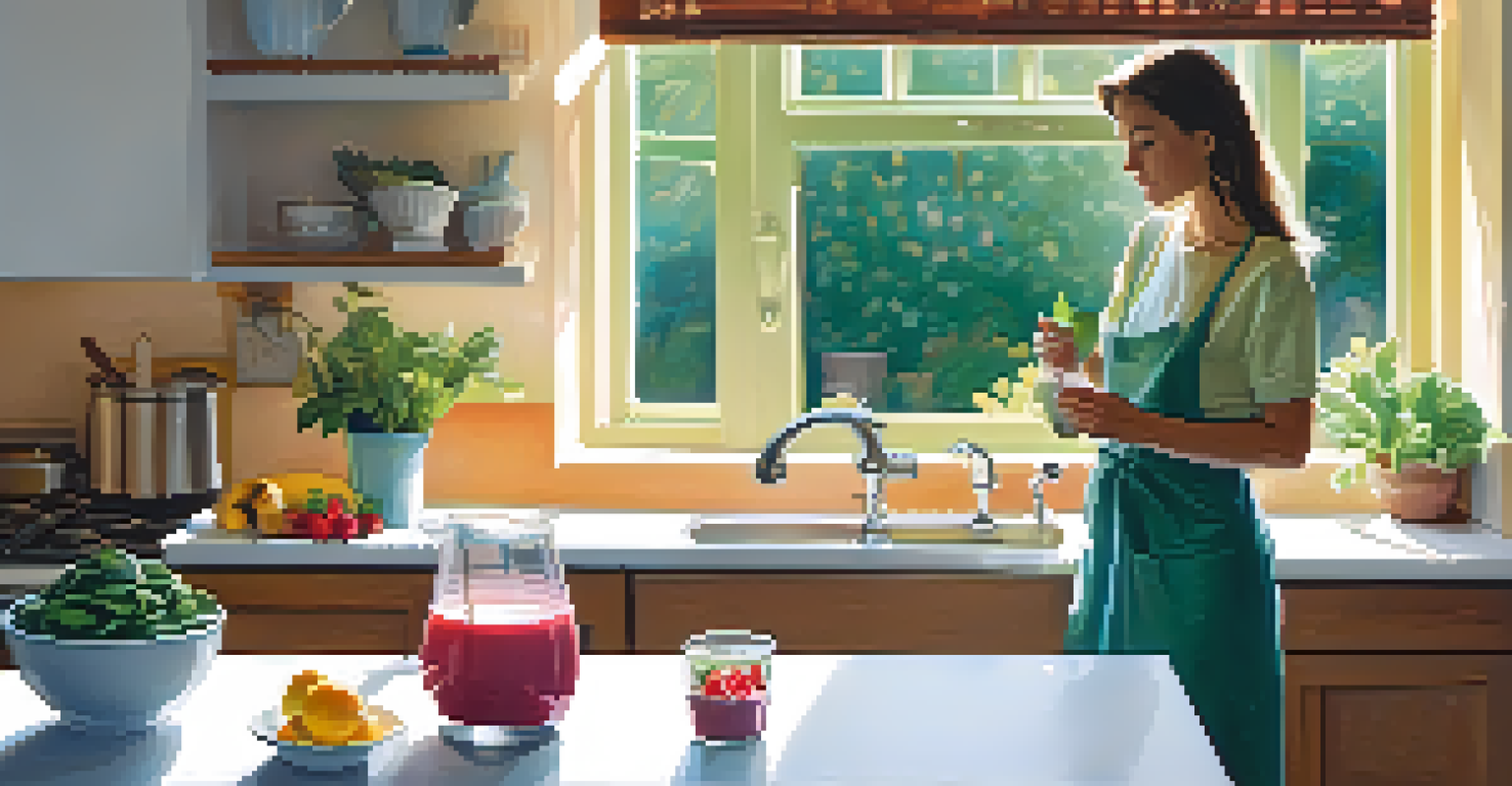 A person making a vegan smoothie in a bright kitchen, surrounded by fresh fruits and vegetables.
