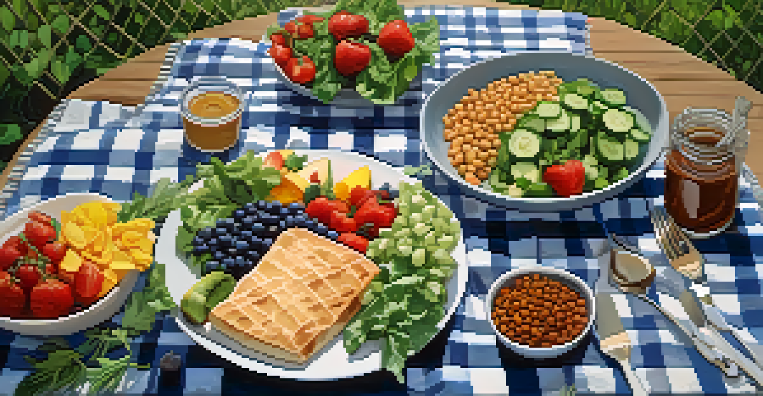 An outdoor picnic scene with a checkered blanket and a vibrant vegan meal, surrounded by green nature.