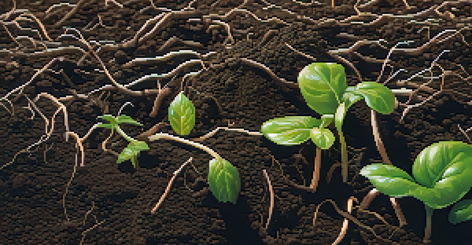 A close-up view of healthy soil with visible microorganisms and plant roots, emphasizing soil health.