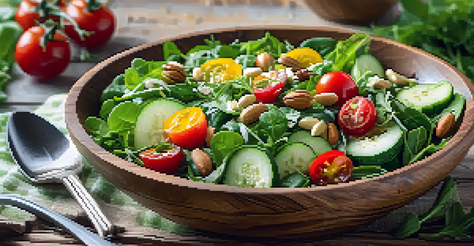 A colorful spring salad with fresh greens, cherry tomatoes, cucumber slices, and nuts in a wooden bowl, set on a sunny table with flowers around.
