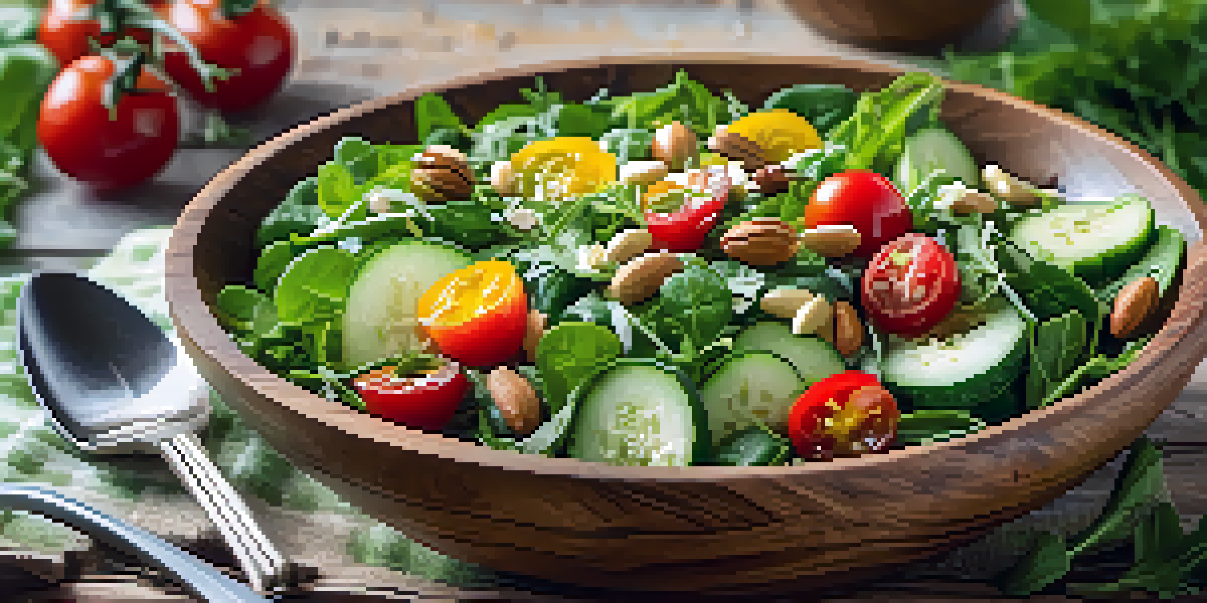 A colorful spring salad with fresh greens, cherry tomatoes, cucumber slices, and nuts in a wooden bowl, set on a sunny table with flowers around.