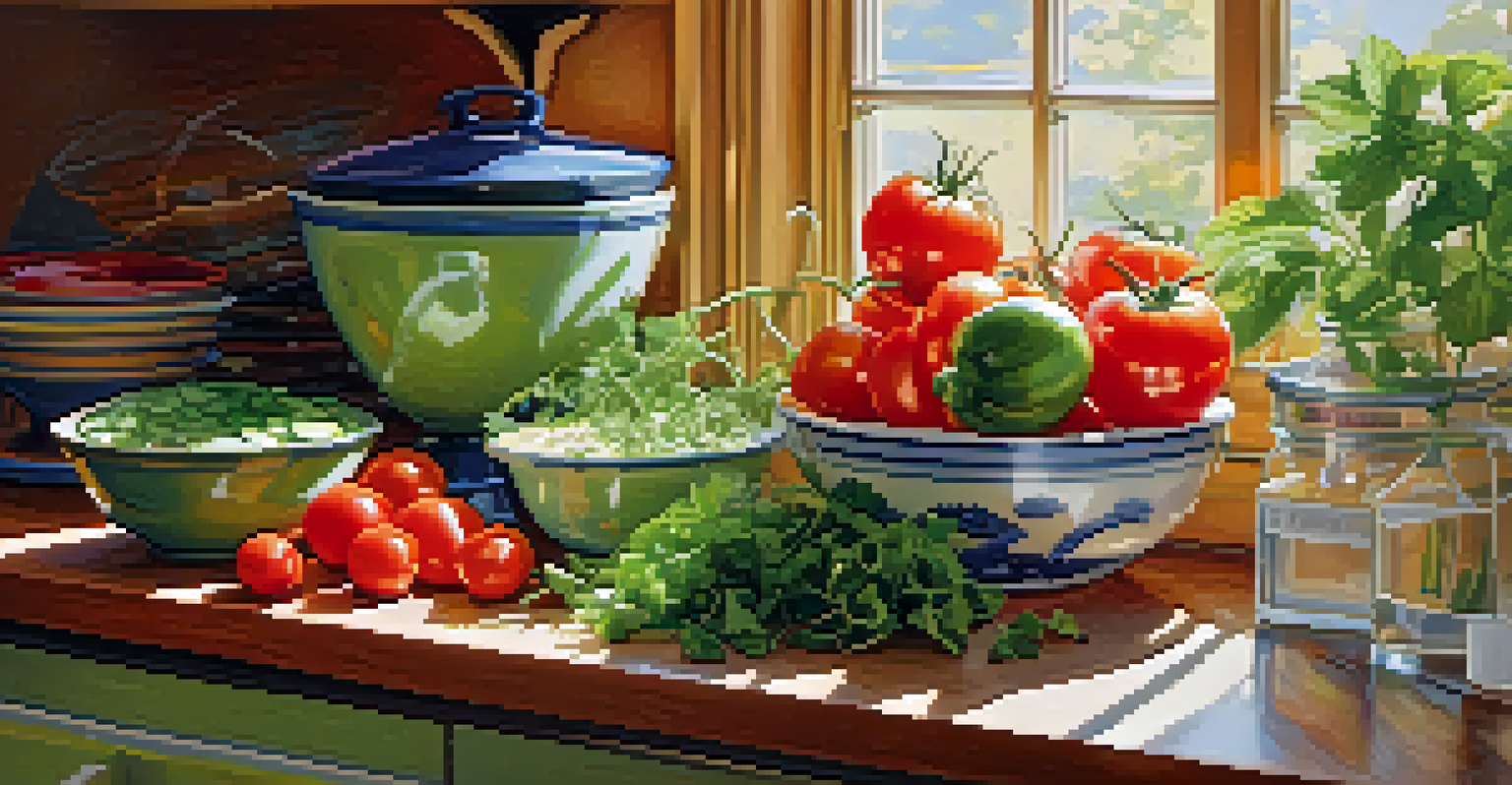 A variety of mixing bowls filled with fresh ingredients on a countertop, illuminated by sunlight in a bright kitchen.