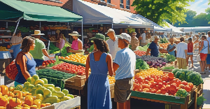 A lively farmer's market filled with colorful fruits and vegetables, with sunlight filtering through trees and shoppers exploring the stalls.