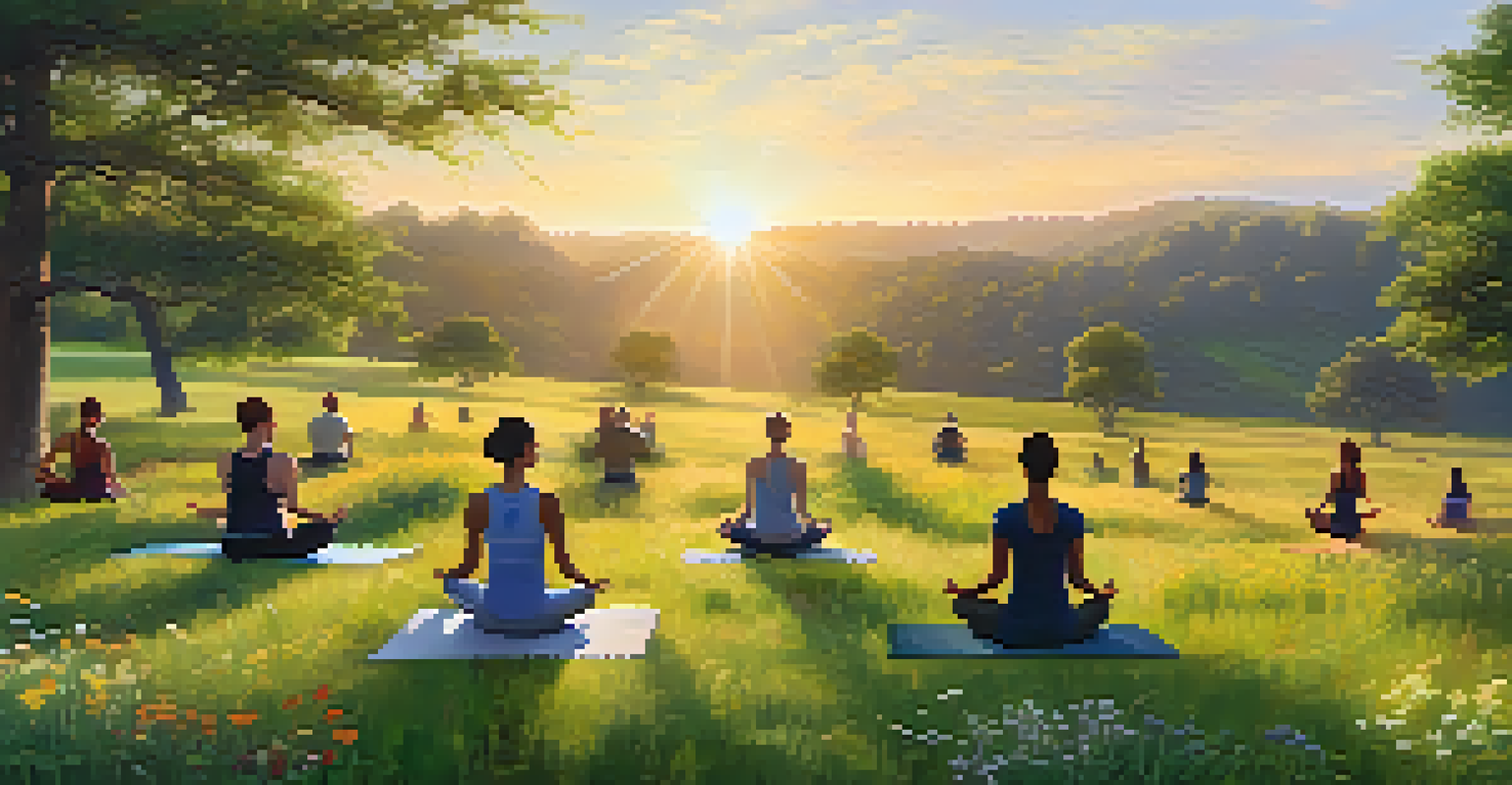 A tranquil landscape with people practicing yoga in a green field, surrounded by wildflowers and a sunset backdrop.