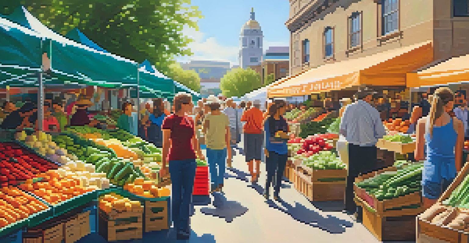 A farmer's market filled with colorful organic fruits and vegetables, with shoppers and banners promoting vegan options.
