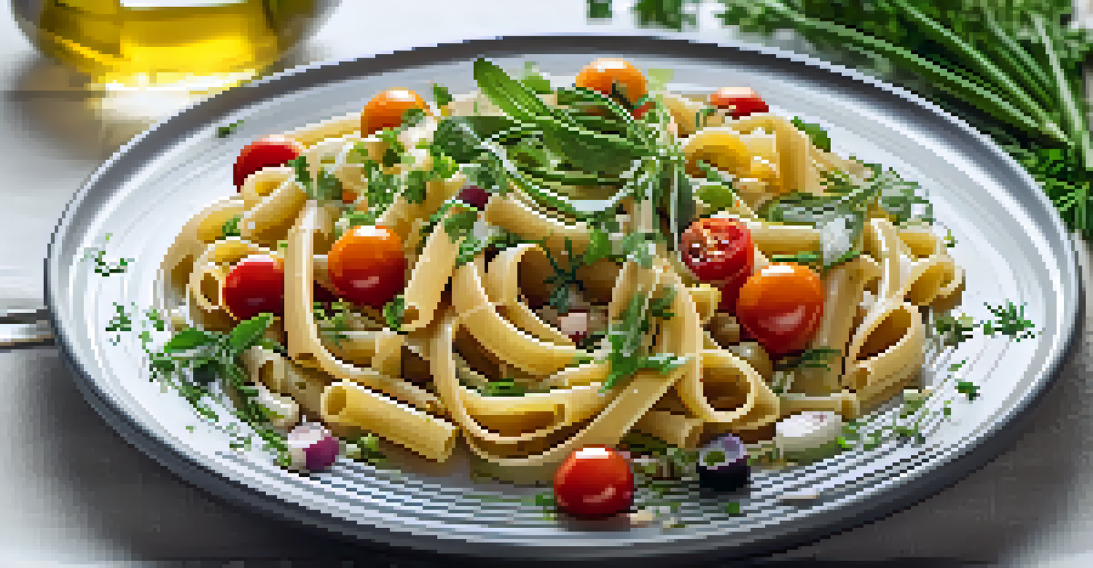 A plate of vegan pasta topped with fresh herbs and colorful vegetables, set against a softly blurred kitchen background.