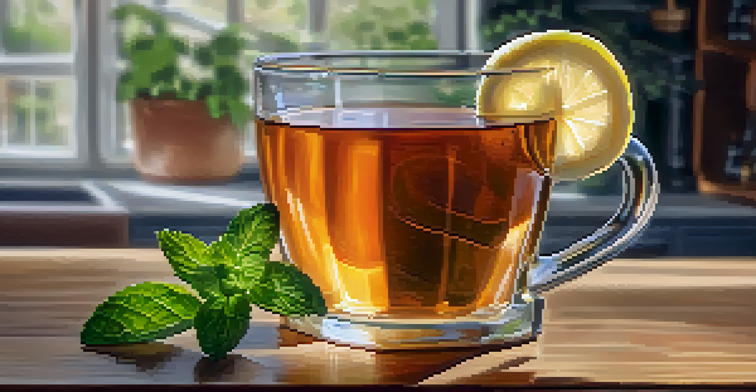 A close-up of a glass of herbal tea with mint and lemon on a wooden table in a cozy kitchen.