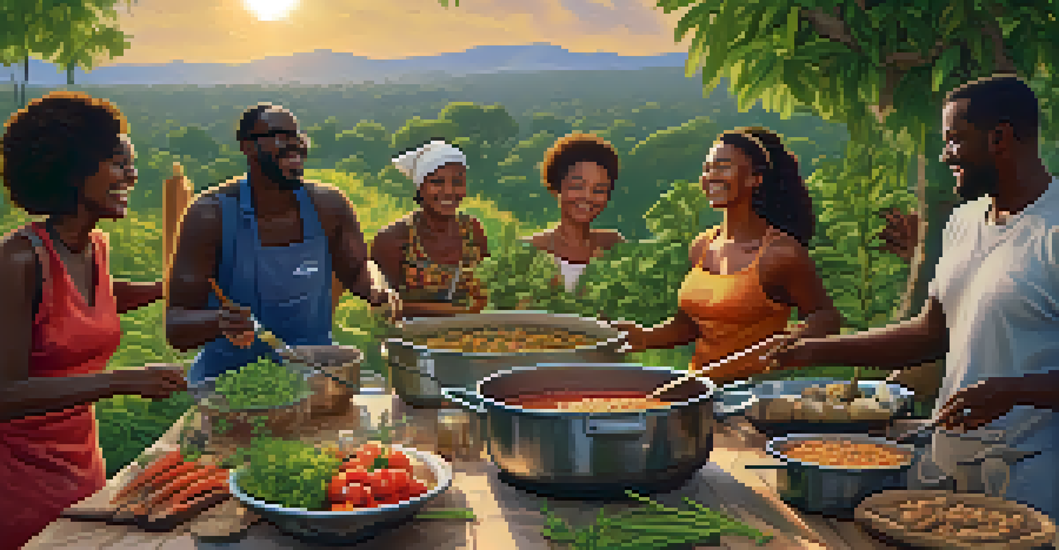 A joyful outdoor cooking class in Africa, with people learning to make vegan dishes amidst fresh produce and a sunset backdrop.