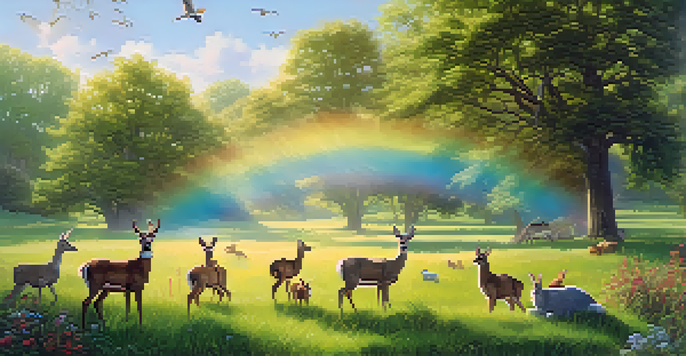 A peaceful meadow with deer, rabbits, and birds under a rainbow, showcasing harmony in nature.
