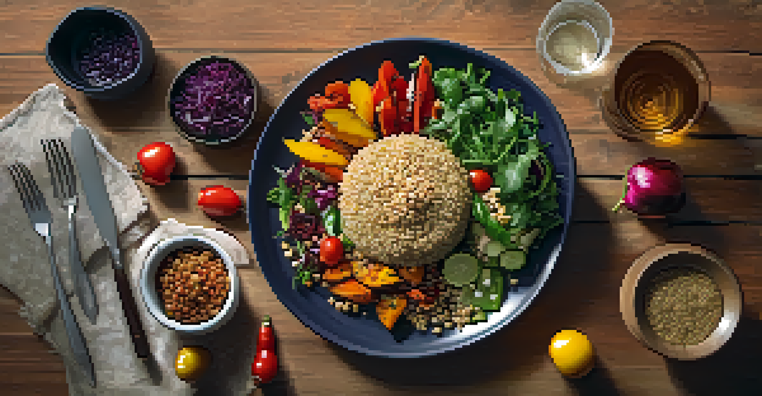 An overhead view of a beautifully arranged vegan plate with quinoa, roasted vegetables, and salad, set on a rustic table.