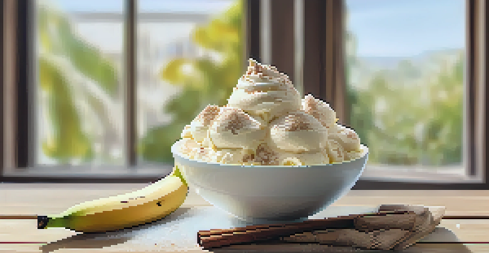 A bowl of creamy banana ice cream garnished with fresh banana slices and cocoa powder, positioned on a wooden table in a sunny kitchen.