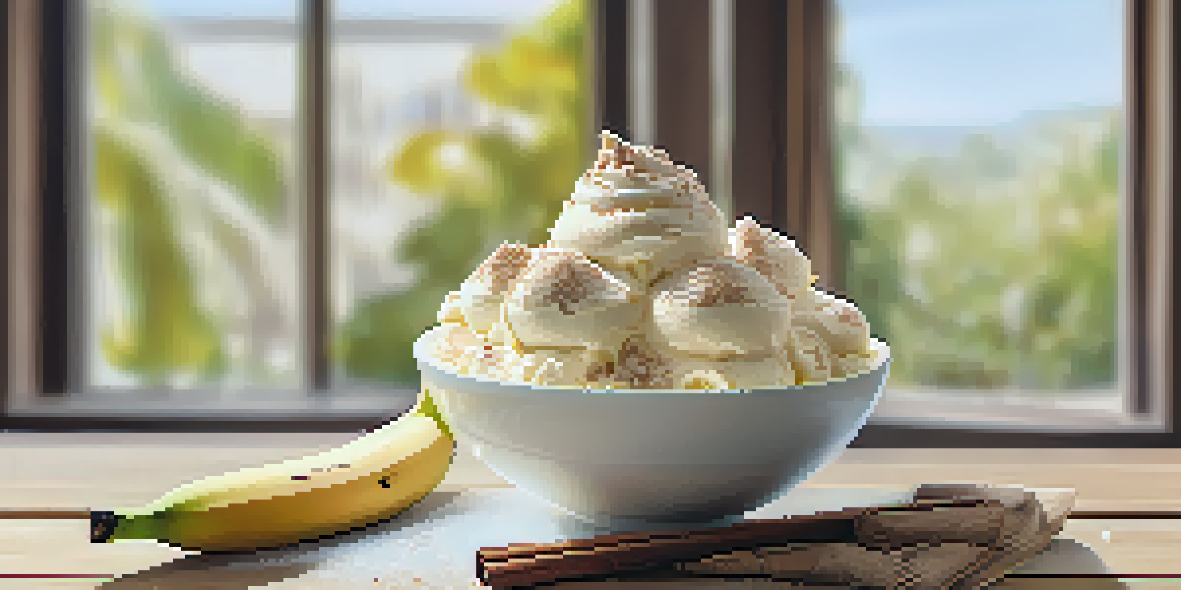 A bowl of creamy banana ice cream garnished with fresh banana slices and cocoa powder, positioned on a wooden table in a sunny kitchen.