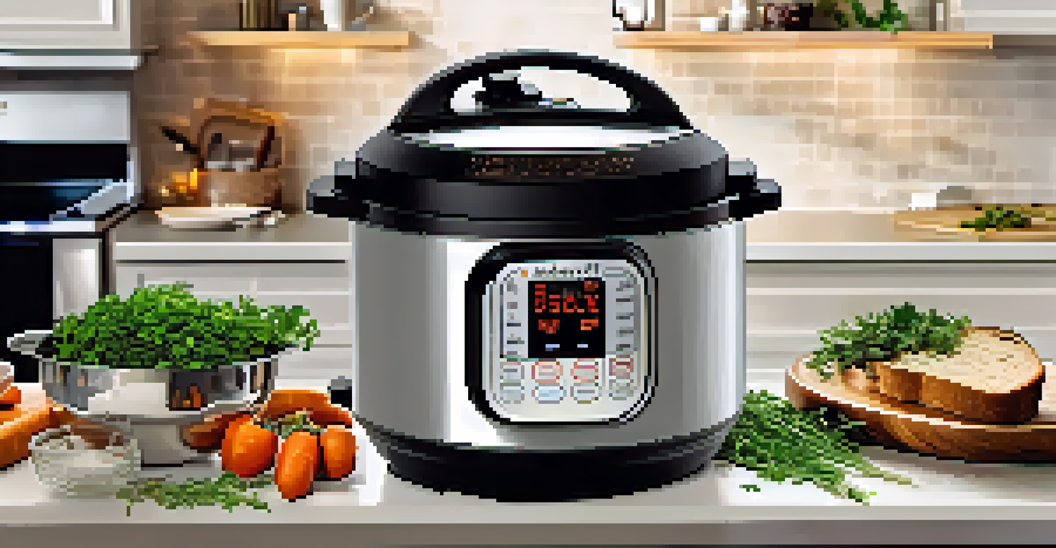 An instant pot next to a bowl of vegan stew and fresh herbs, creating a cozy kitchen atmosphere.
