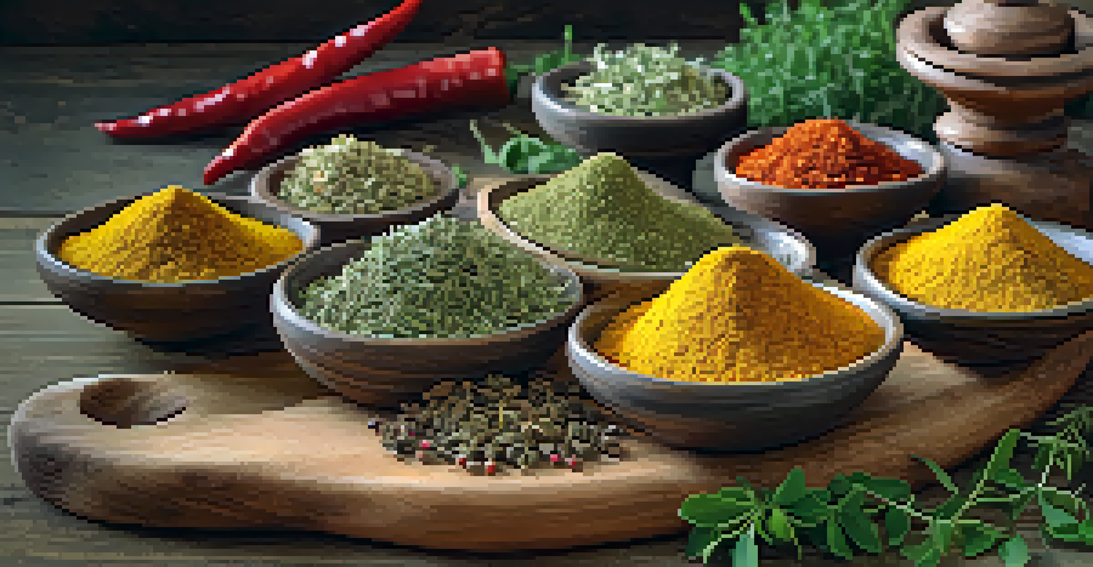 A close-up of a wooden cutting board displaying dried herbs and spices in small bowls, including oregano and chili flakes, with a mortar and pestle nearby.