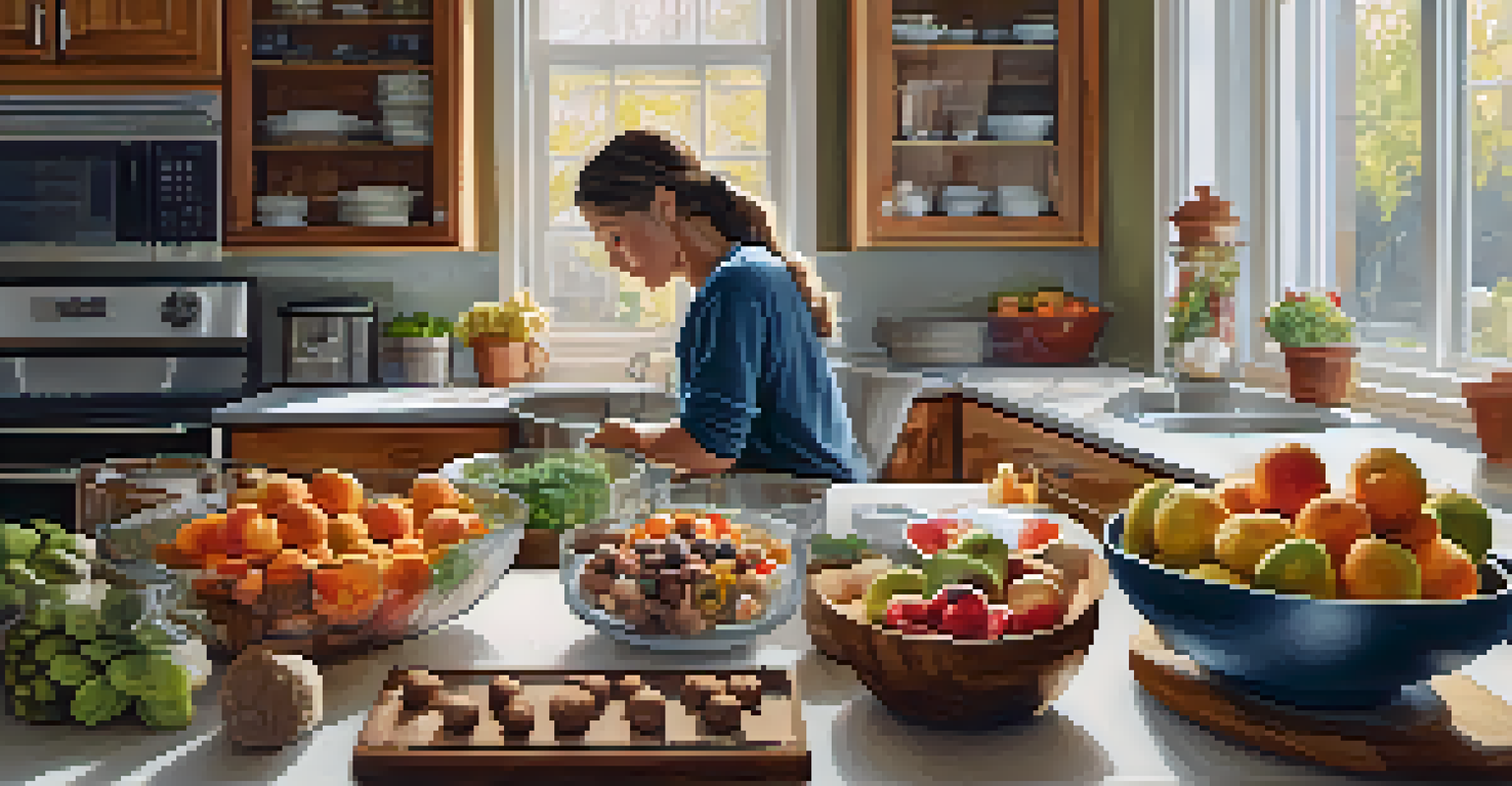 A cozy kitchen counter where a person is preparing healthy snacks, including cut fruits and homemade energy balls, with natural light streaming in.