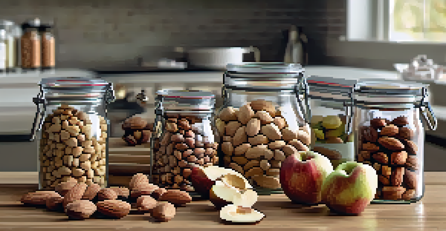 A variety of nuts in glass jars on a kitchen counter, with almond butter and sliced apples in the background.