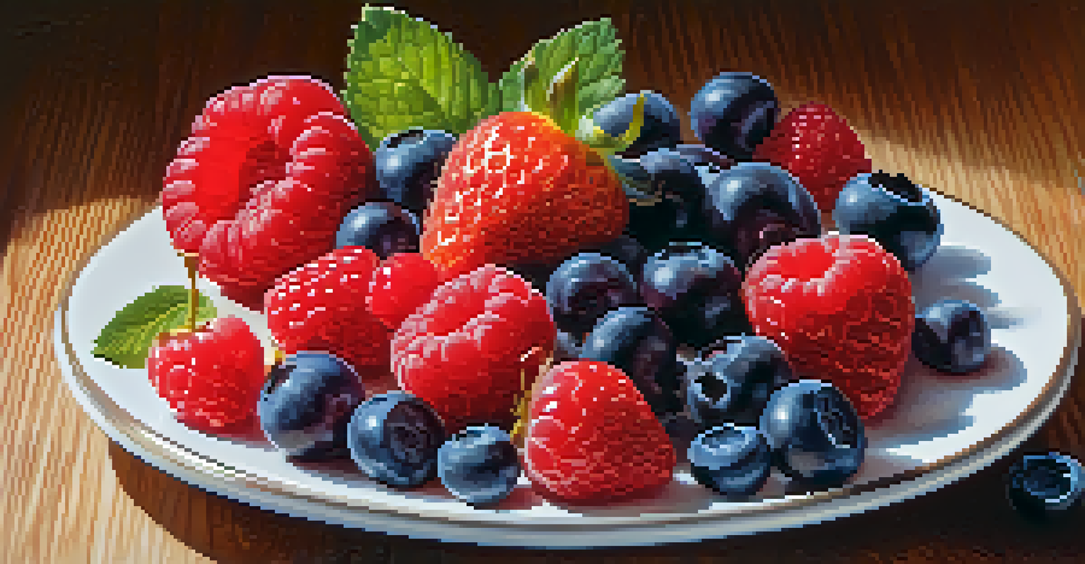A plate filled with fresh blueberries, strawberries, and raspberries against a light wooden background.