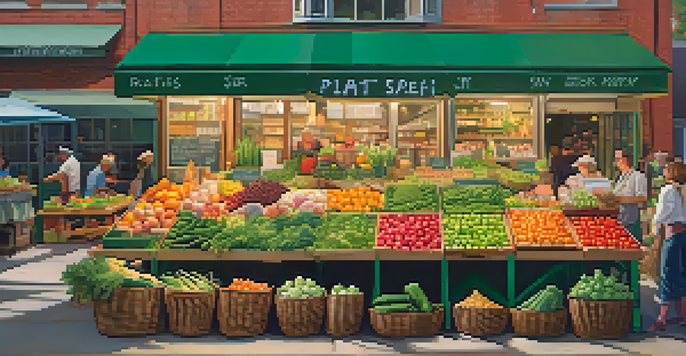 A busy farmer's market filled with colorful fruits and vegetables, with diverse people shopping and a chalkboard sign promoting plant-based diets.