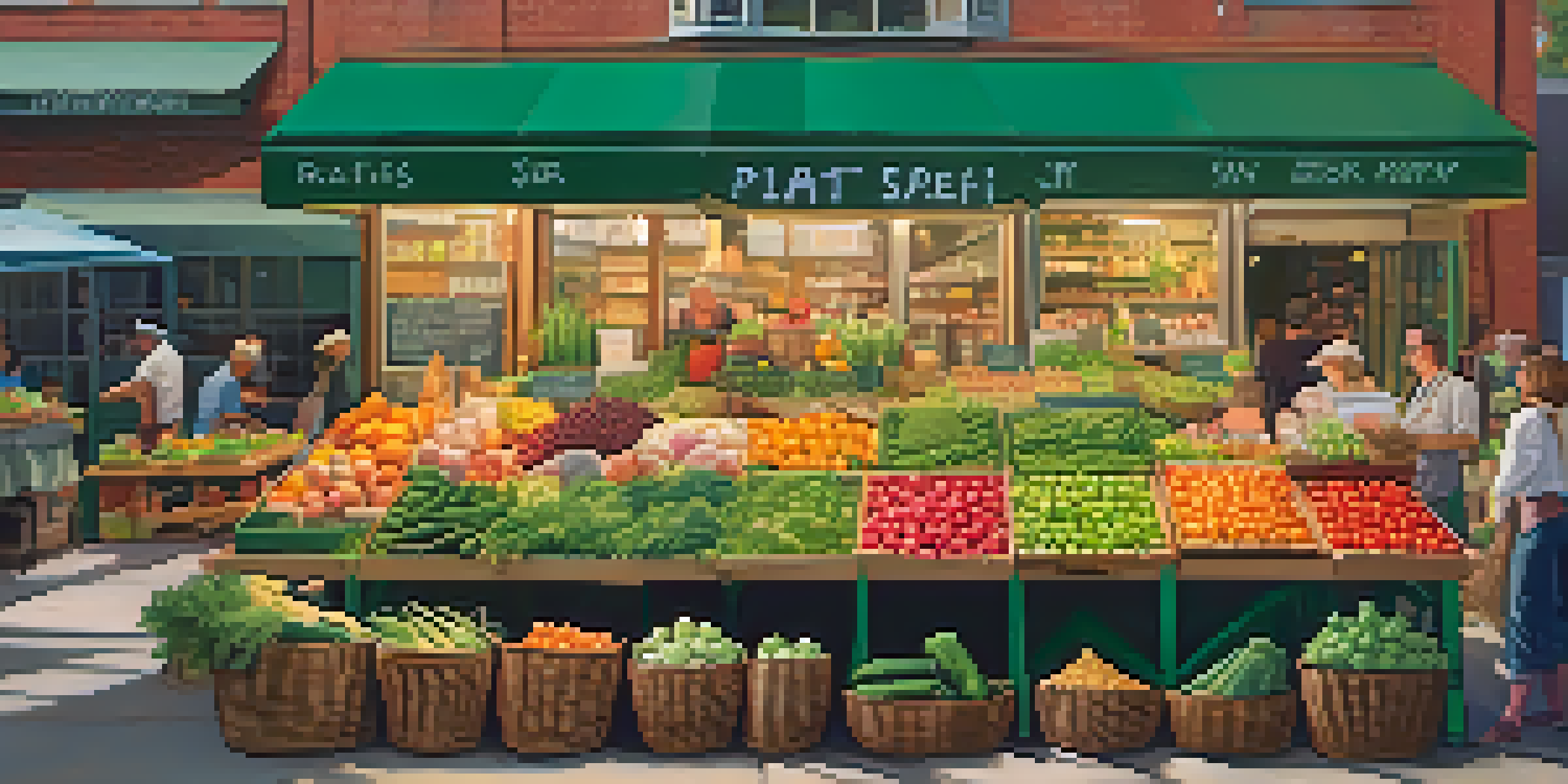 A busy farmer's market filled with colorful fruits and vegetables, with diverse people shopping and a chalkboard sign promoting plant-based diets.