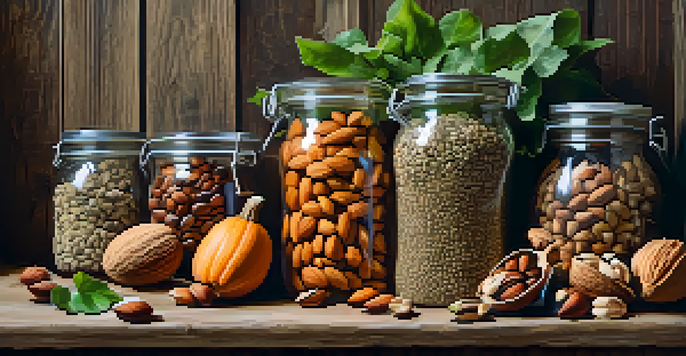 A still life of various nuts and seeds including almonds, walnuts, and chia seeds set on a wooden table, with fresh fruits and greens in the background, illuminated by natural light.