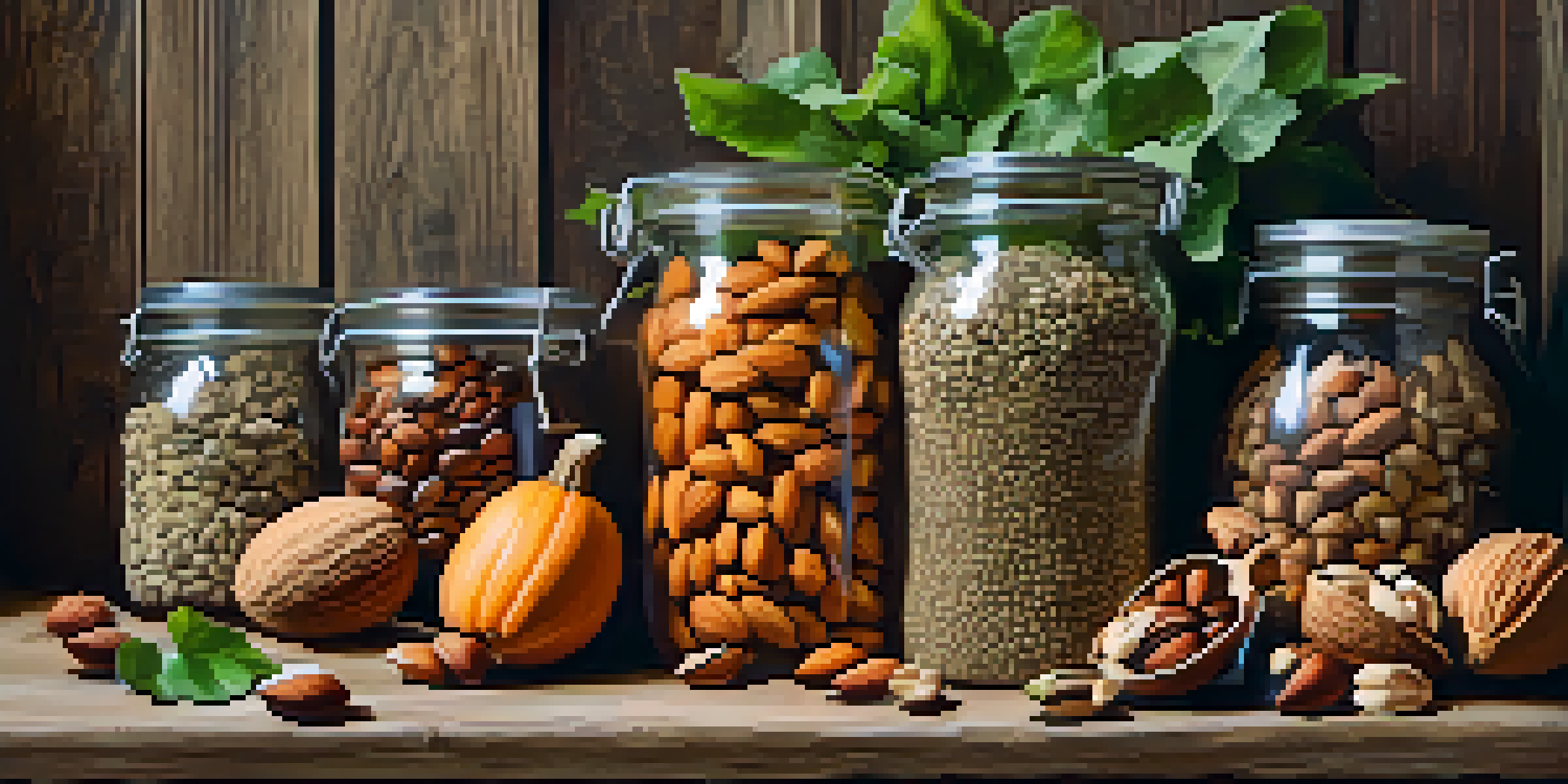A still life of various nuts and seeds including almonds, walnuts, and chia seeds set on a wooden table, with fresh fruits and greens in the background, illuminated by natural light.