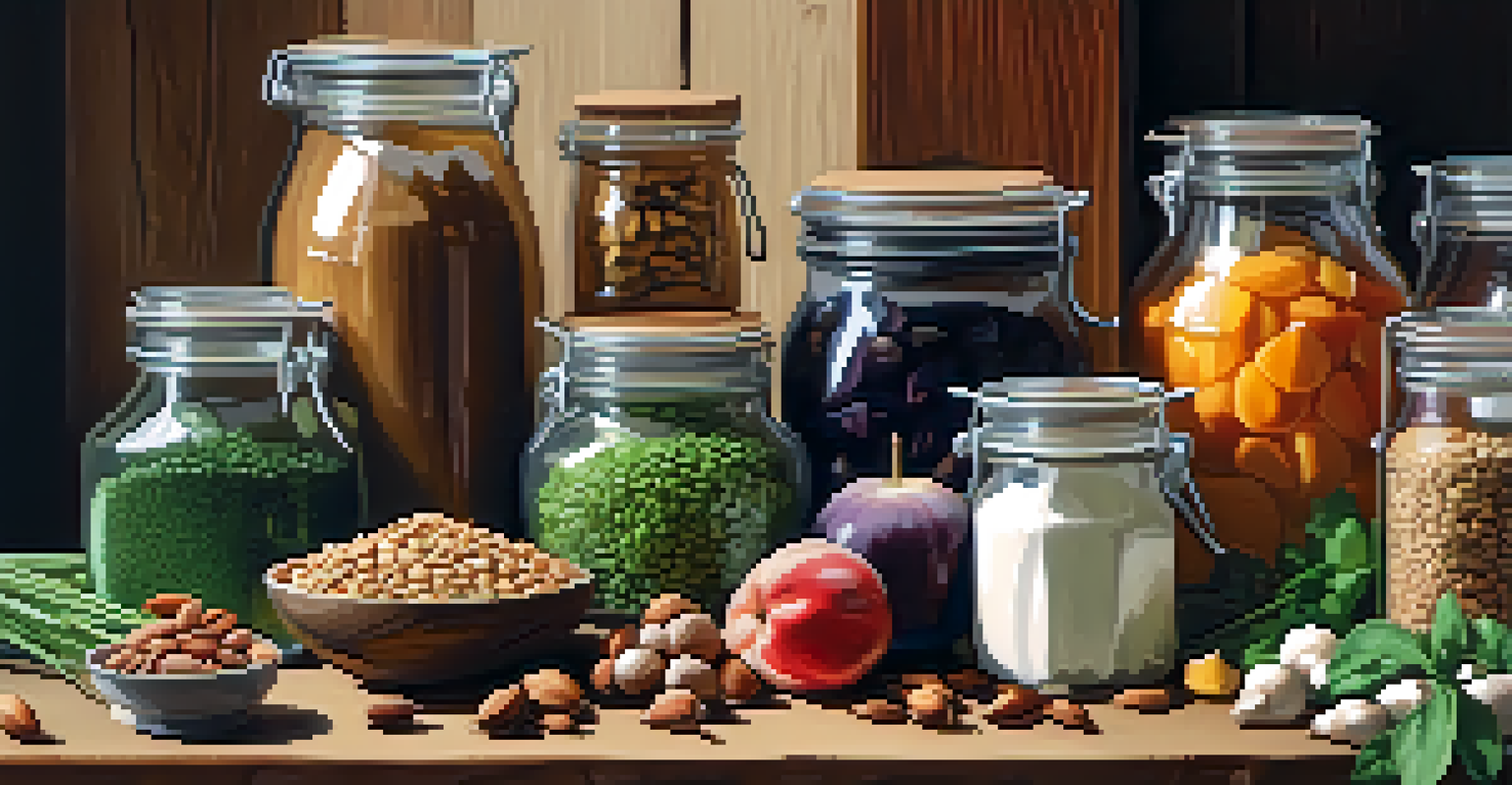 Close-up of essential vegan cooking ingredients arranged on a kitchen counter, including nuts, seeds, herbs, and colorful fruits.