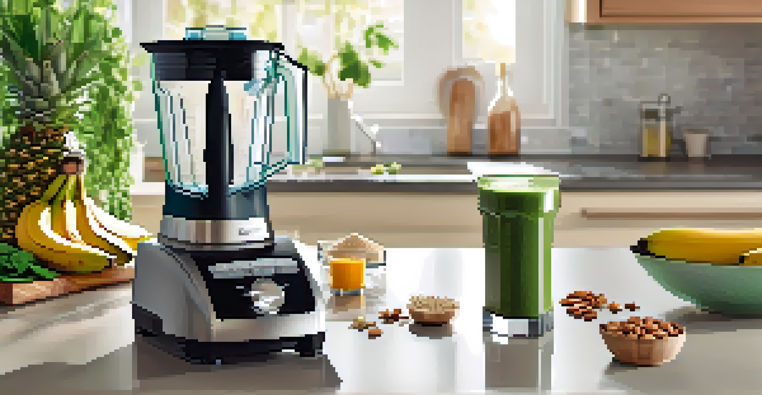 A modern blender with ingredients for a smoothie and a glass of smoothie beside it, illuminated by sunlight.