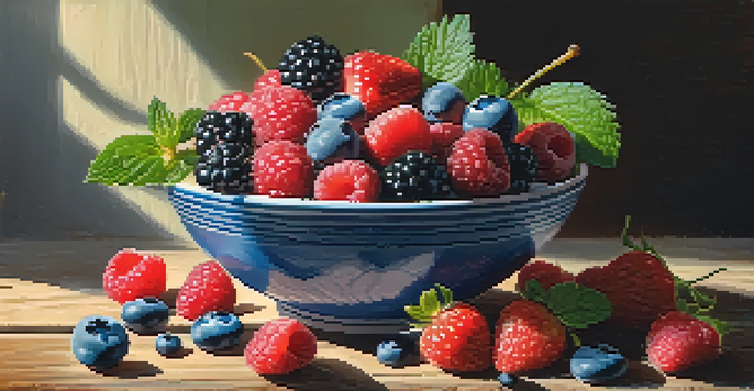 A colorful bowl filled with fresh strawberries, blueberries, and raspberries, garnished with mint leaves, on a wooden table.