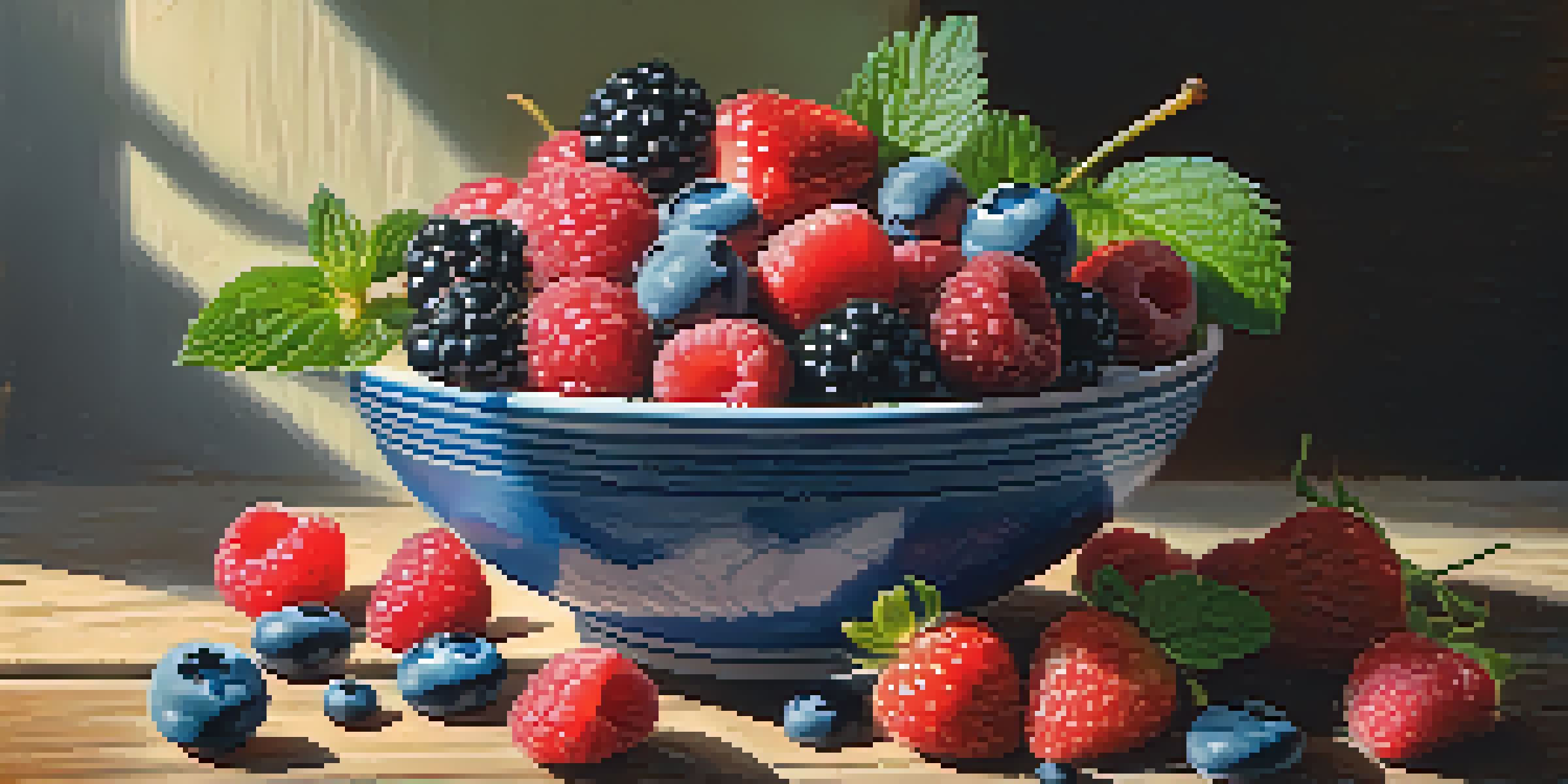 A colorful bowl filled with fresh strawberries, blueberries, and raspberries, garnished with mint leaves, on a wooden table.