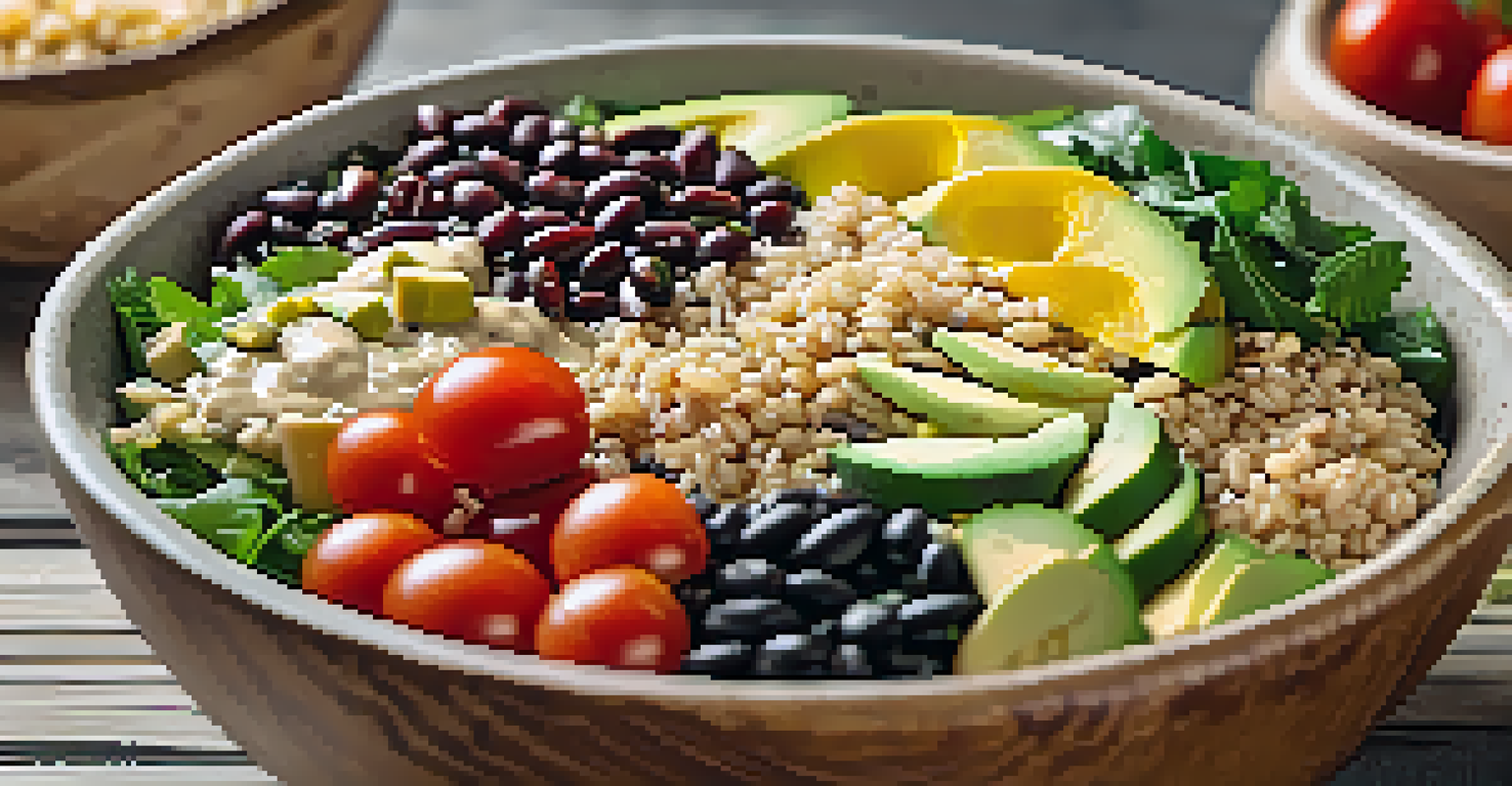 A vibrant Buddha bowl with brown rice, quinoa, avocado, cherry tomatoes, and black beans, drizzled with tahini dressing.