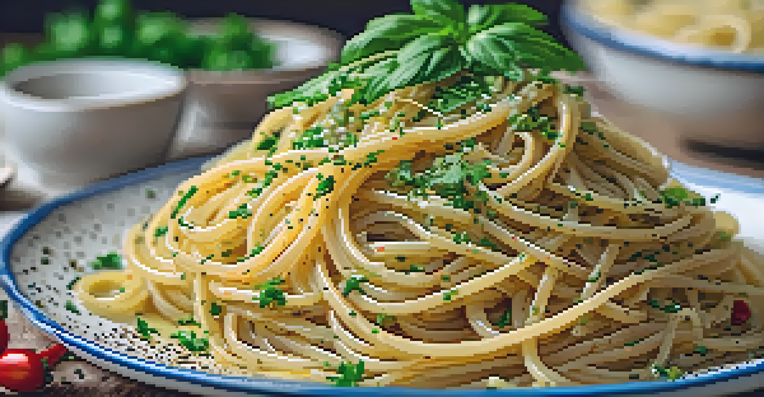 A plate of vegan spaghetti aglio e olio garnished with parsley and red pepper flakes in a warm kitchen setting.