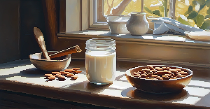 A glass of almond milk on a wooden counter with almonds and vanilla extract, illuminated by sunlight.