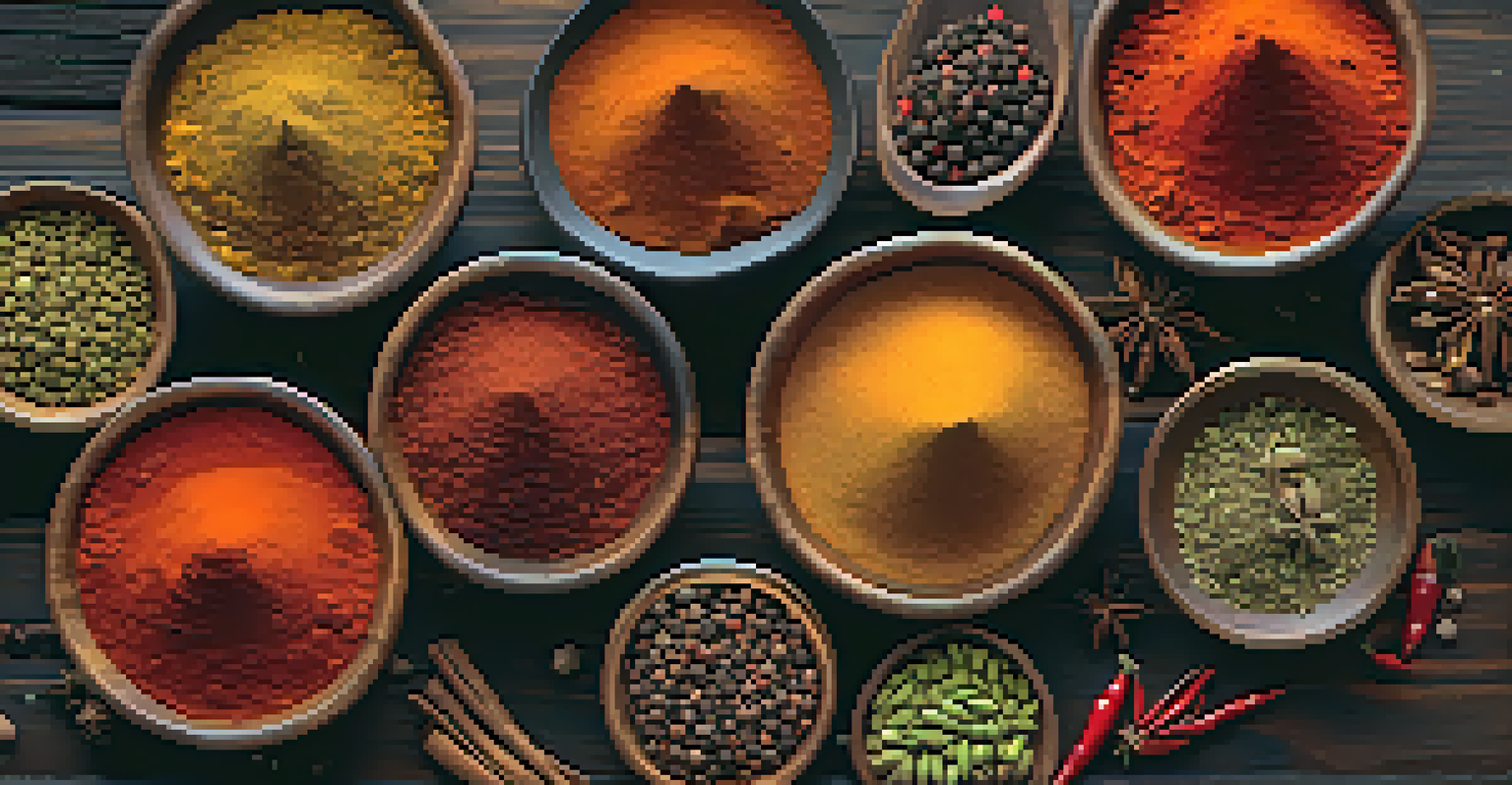 Small bowls filled with colorful spices on a dark wooden background, highlighting their vibrant textures.