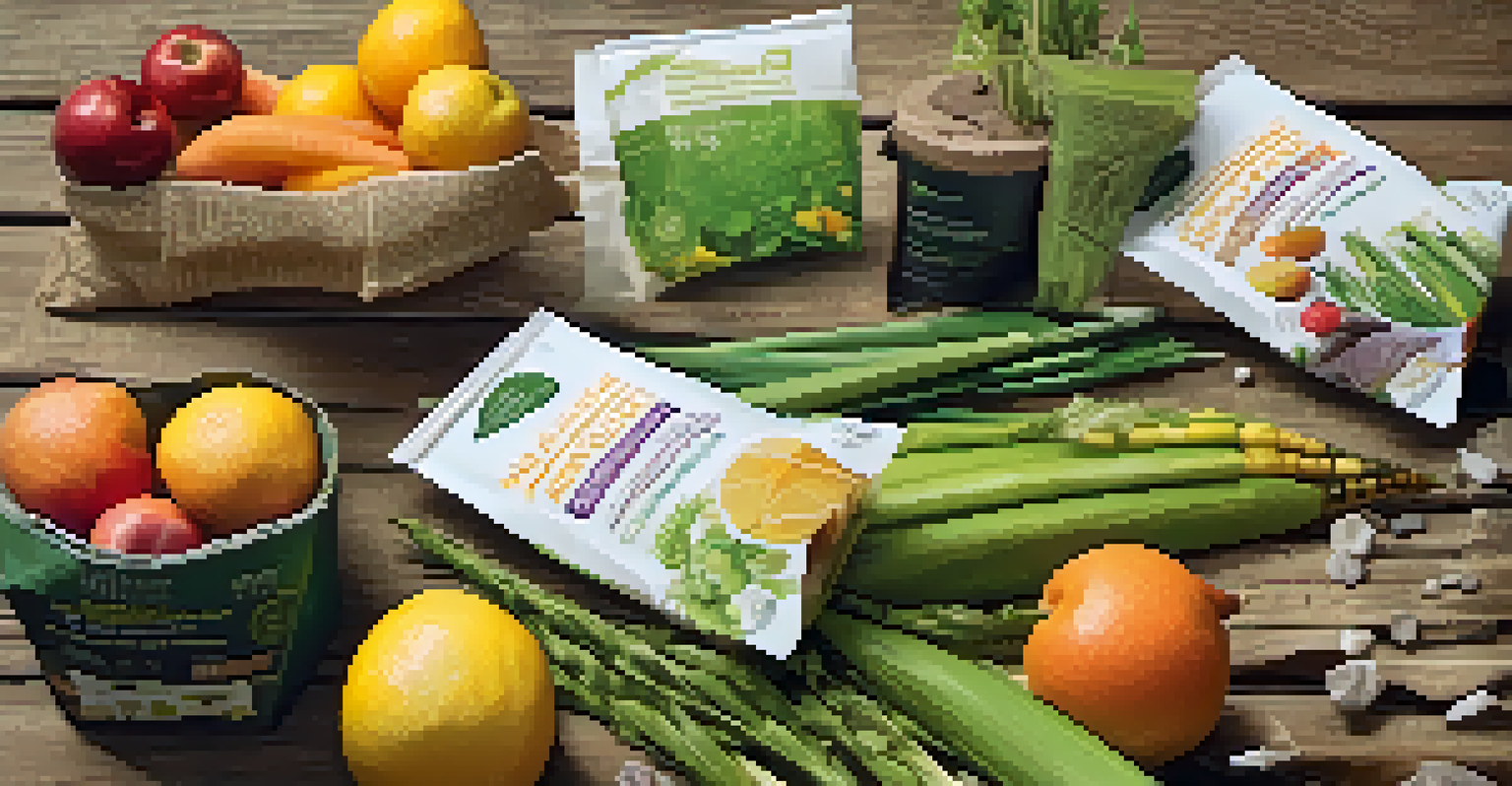 Eco-friendly plant-based packaging made from natural materials displayed on a wooden table with fresh produce around it.