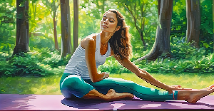 A young woman practicing yoga in a park, with glowing skin and vibrant activewear, surrounded by greenery and sunlight.