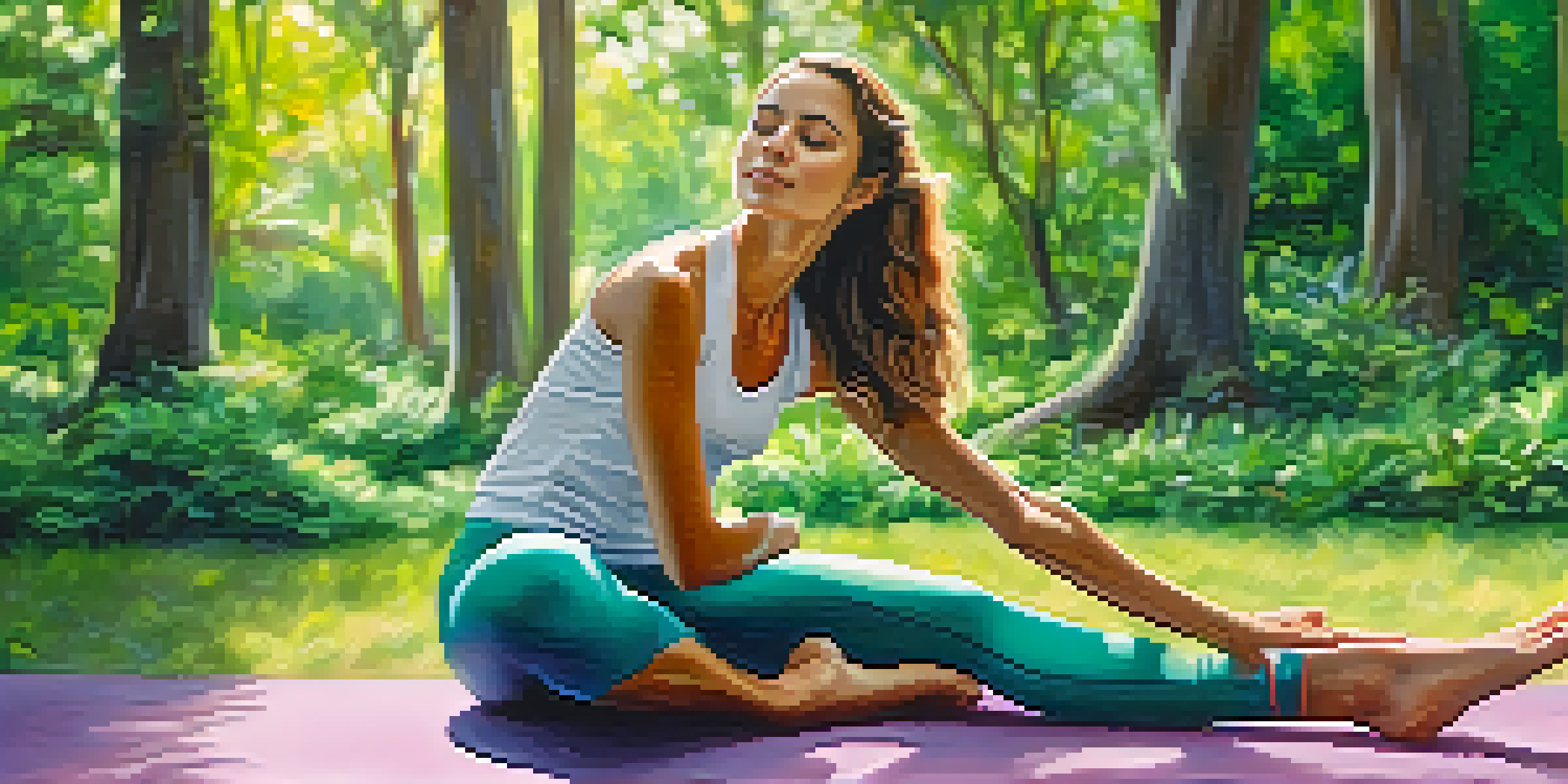 A young woman practicing yoga in a park, with glowing skin and vibrant activewear, surrounded by greenery and sunlight.