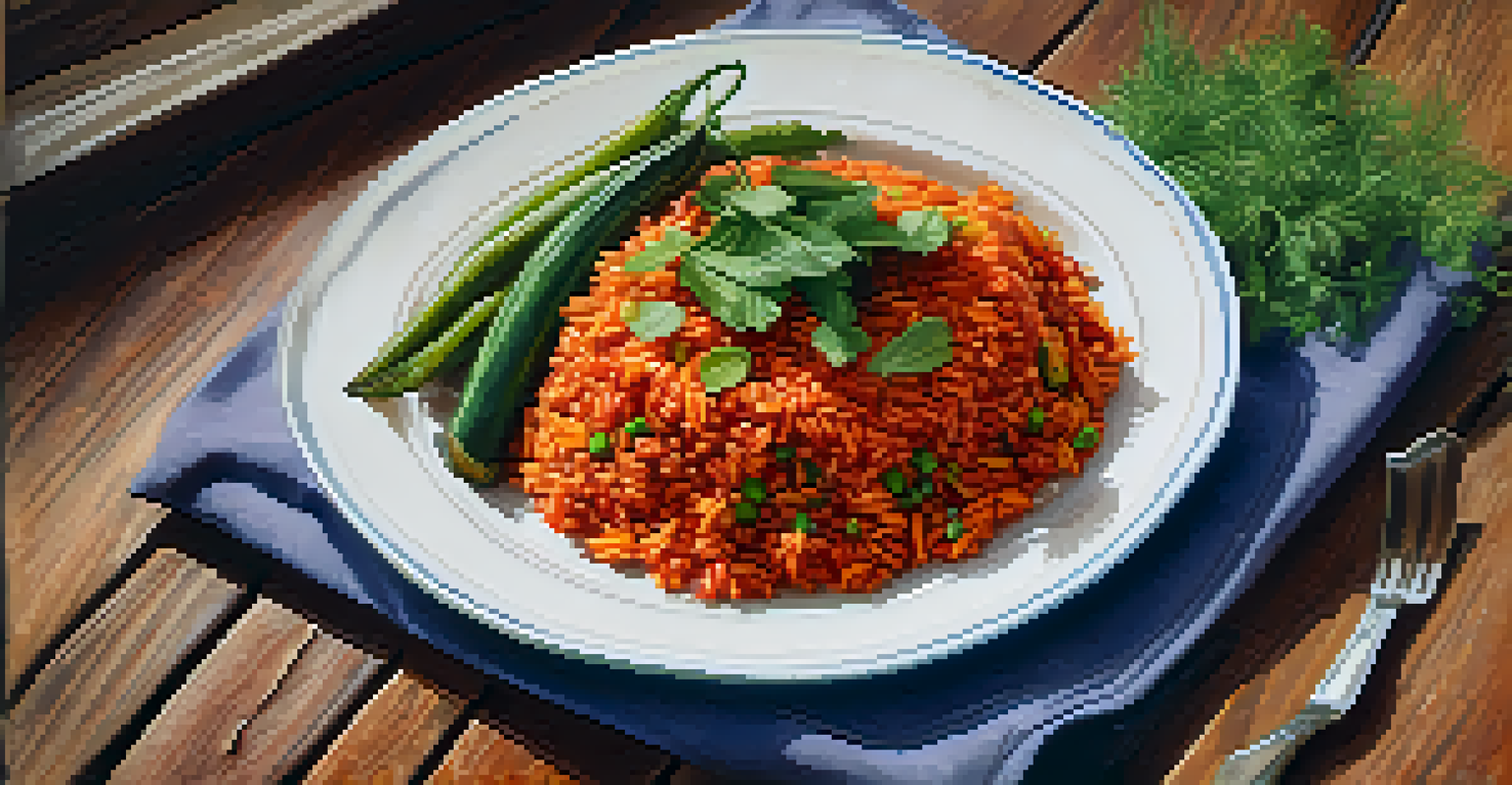 A close-up of a colorful vegan African dish with jollof rice and seasonal vegetables on a wooden table.