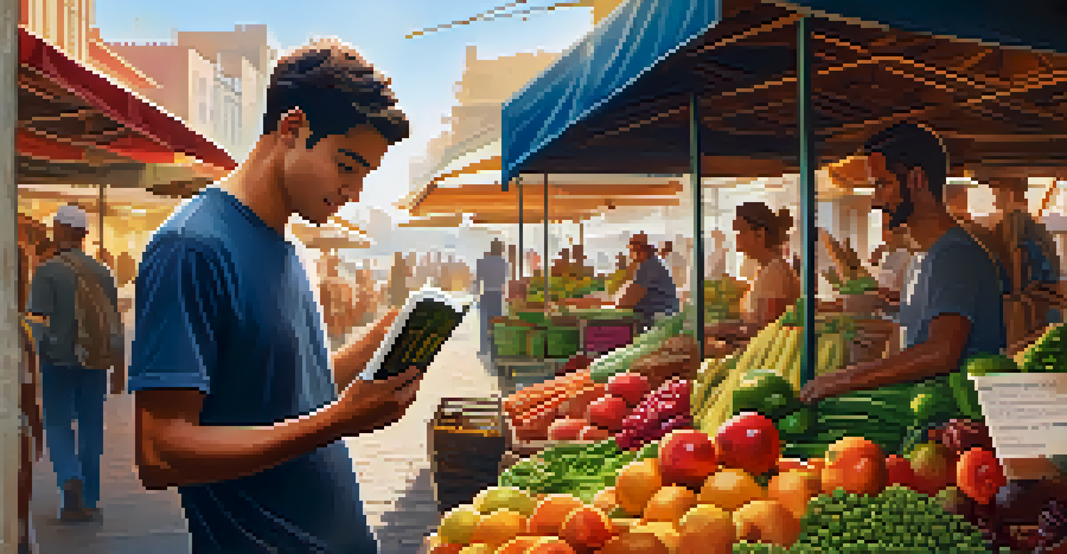 A traveler using a phrasebook to communicate with a vendor in a vibrant local market filled with fresh produce.