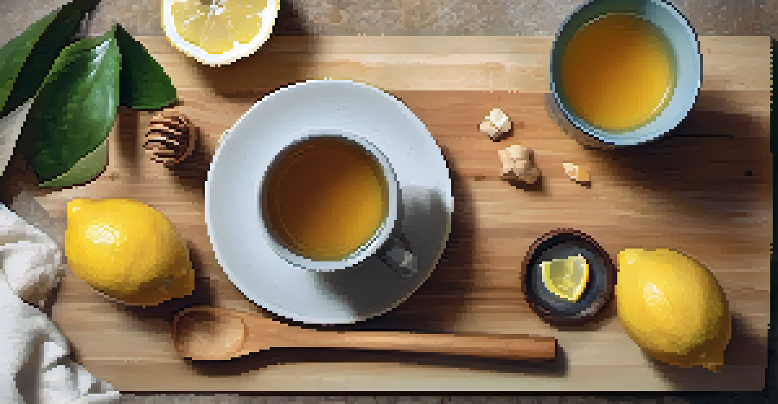 An overhead view of ginger root, a lemon, honey jar, and a cup of ginger tea on a wooden cutting board.