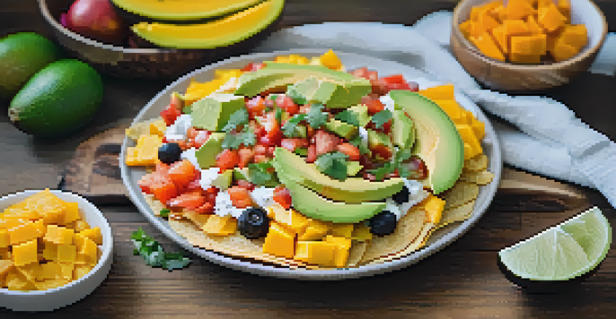 A colorful vegan breakfast plate featuring chilaquiles with avocado and salsa, accompanied by fresh fruits like mangos and papayas, set on a wooden table.