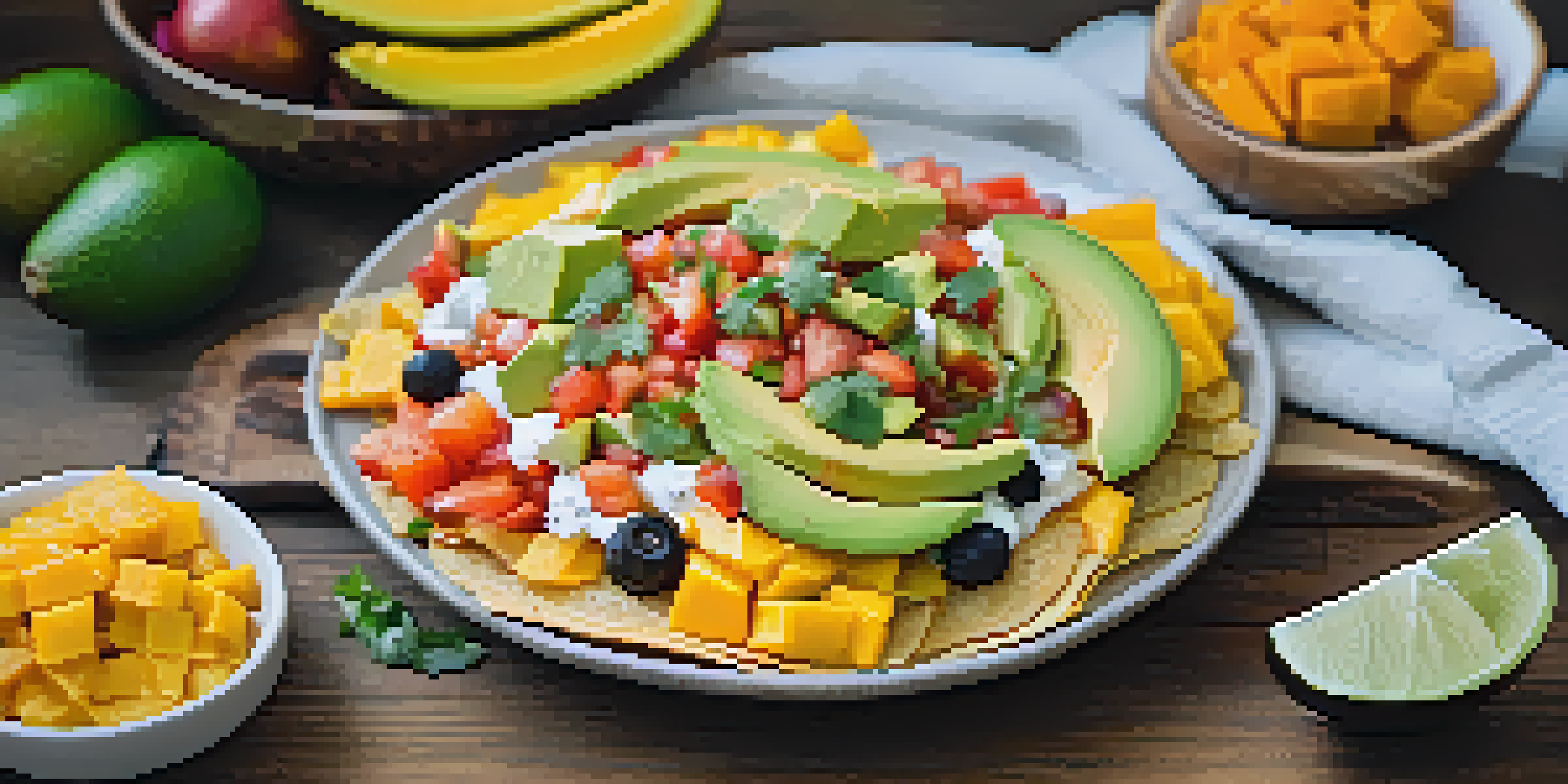 A colorful vegan breakfast plate featuring chilaquiles with avocado and salsa, accompanied by fresh fruits like mangos and papayas, set on a wooden table.