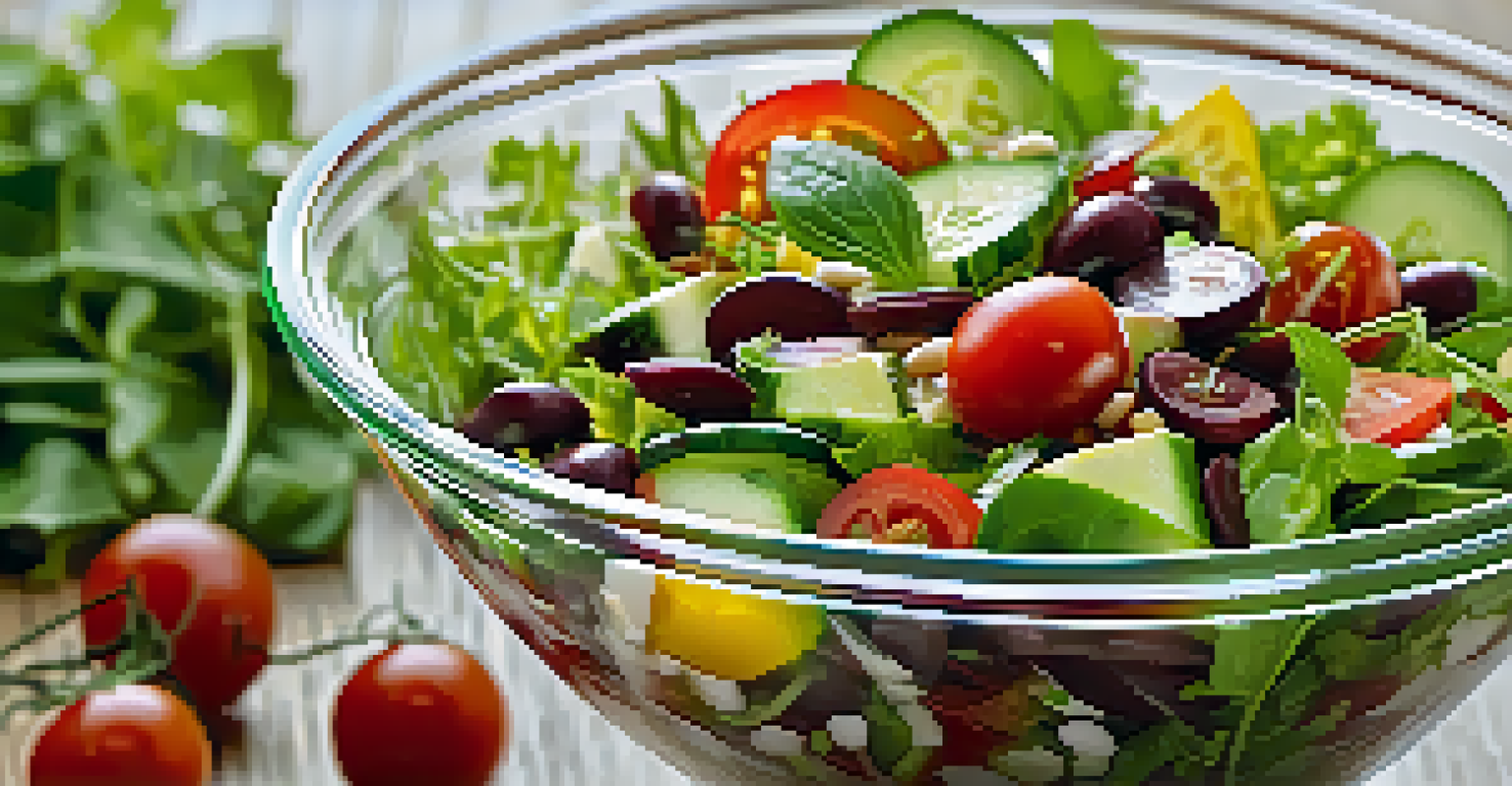 A fresh salad with kidney beans, cherry tomatoes, cucumber, and mixed greens in a glass bowl.