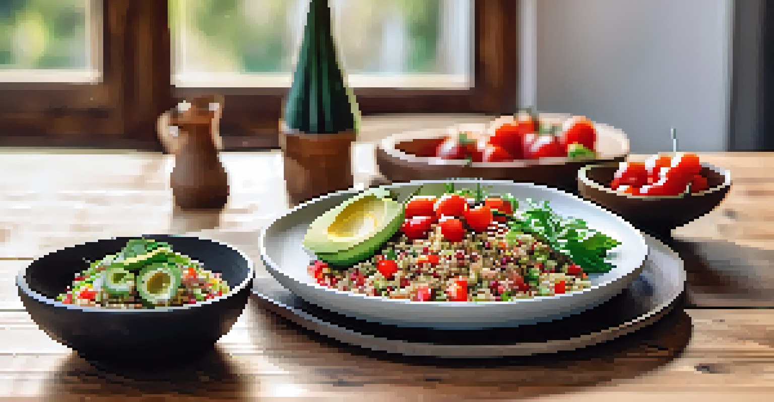 A colorful vegan meal with quinoa salad, cherry tomatoes, avocado, and bowls of hummus on a rustic wooden table, illuminated by warm sunlight.