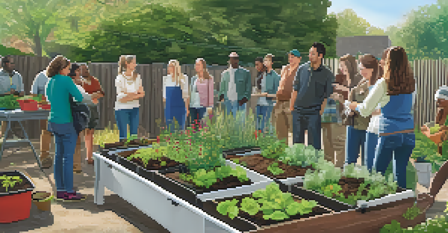A workshop in a community garden with an instructor teaching composting to a small group of participants, surrounded by plants and gardening tools.