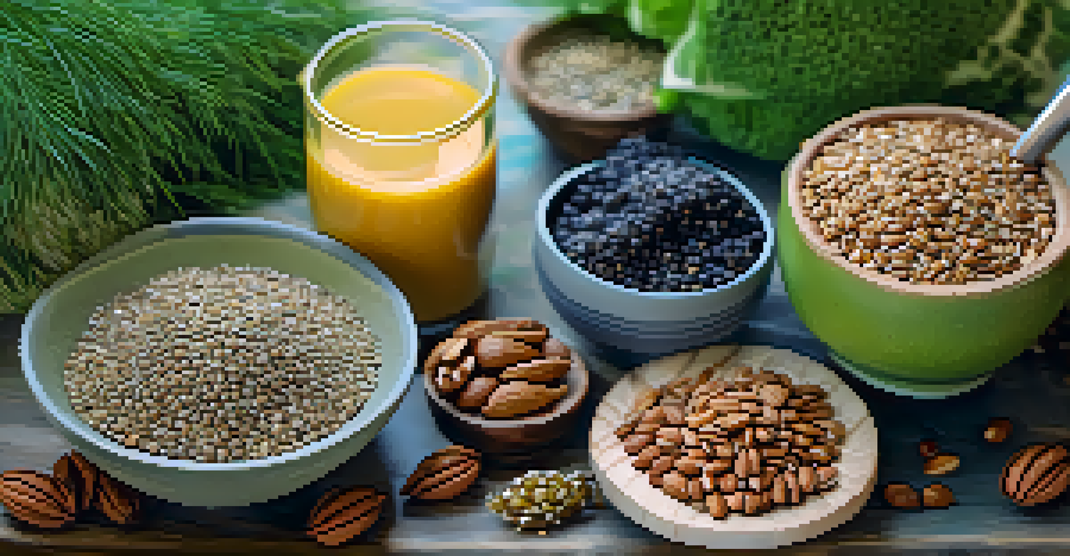 An artistic arrangement of flaxseeds, chia seeds, walnuts, and a green smoothie on a wooden table.