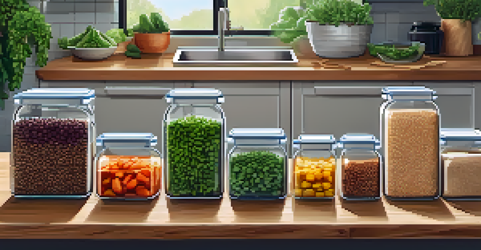 An organized meal prep scene with glass containers filled with vegan meals, set in a sunny kitchen with green plants.